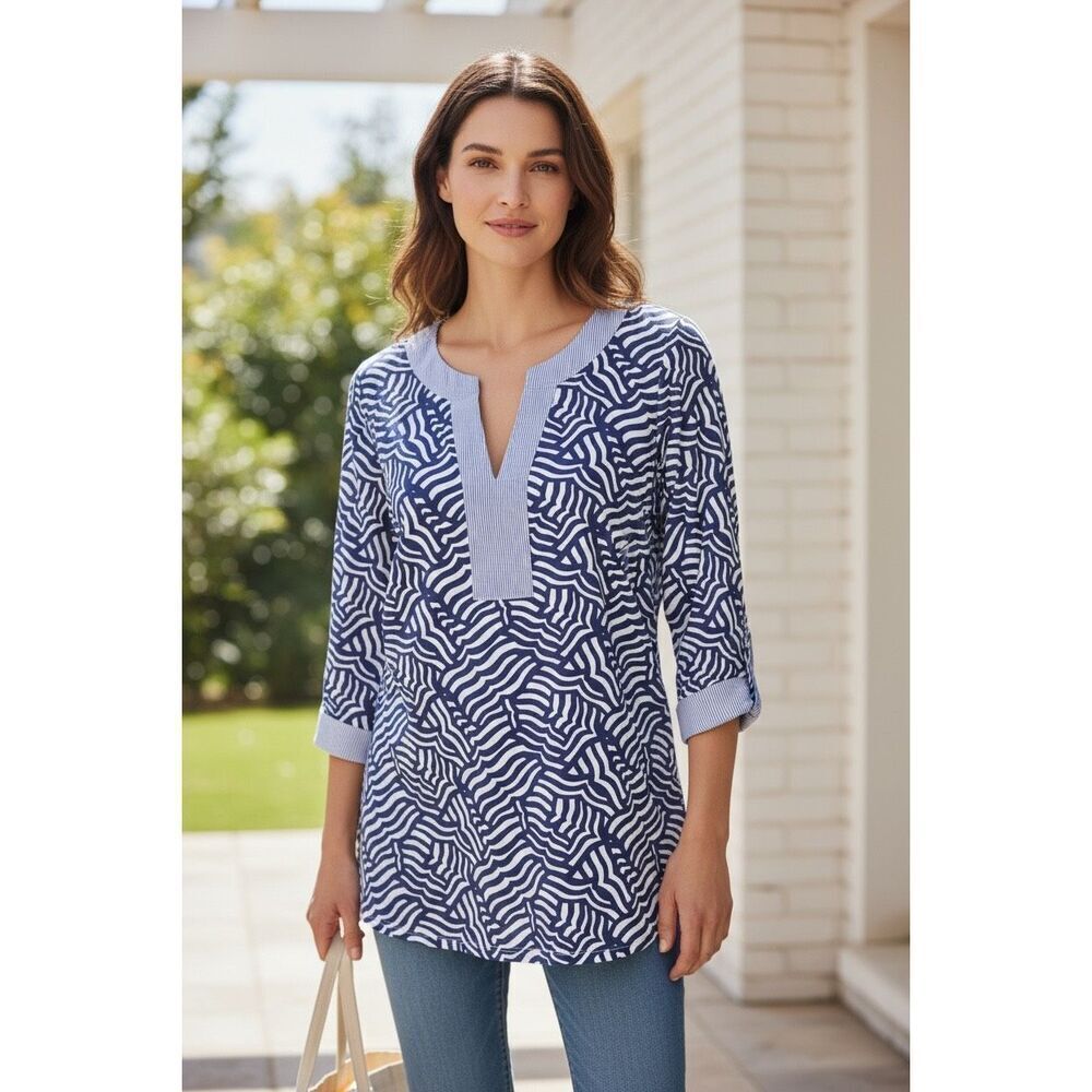 Vineyard Vines XXS Navy White Abstract Print Tunic Top Split Neck 3/4 Sleeve